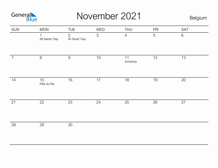 Printable November 2021 Calendar for Belgium