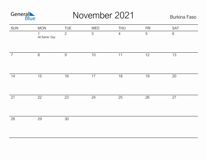 Printable November 2021 Calendar for Burkina Faso
