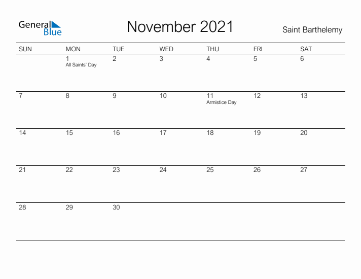 Printable November 2021 Calendar for Saint Barthelemy