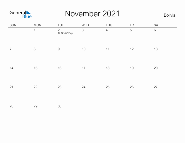 Printable November 2021 Calendar for Bolivia