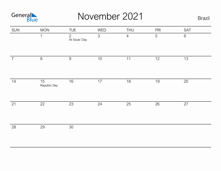 Printable November 2021 Calendar for Brazil