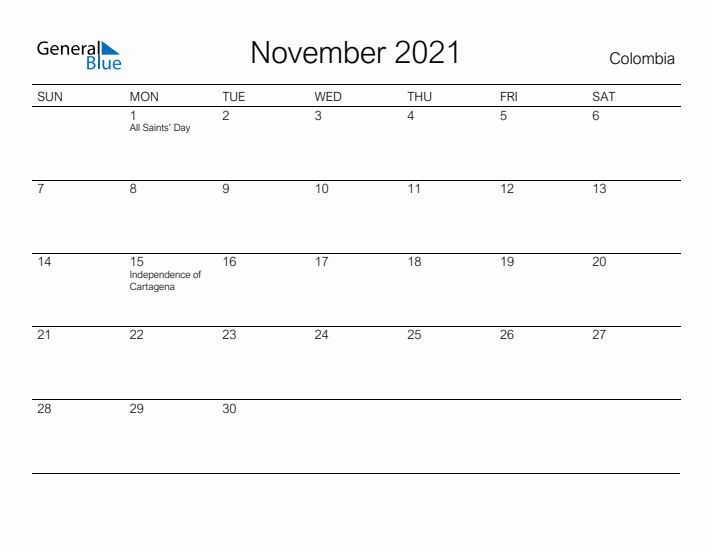 Printable November 2021 Calendar for Colombia