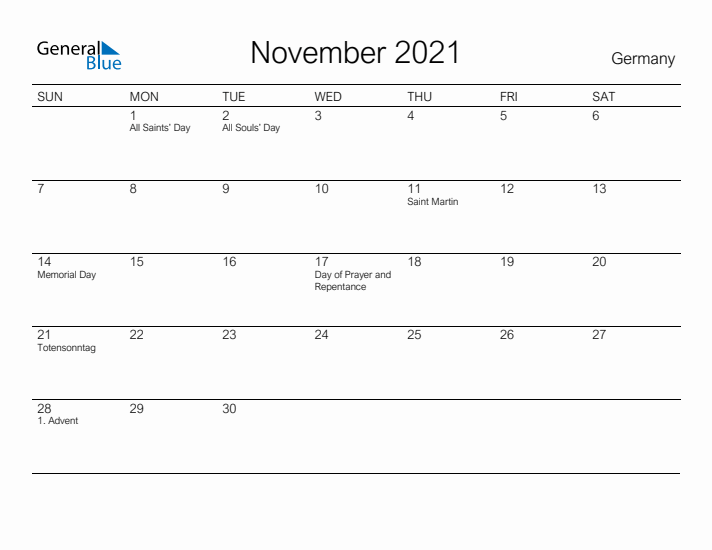 Printable November 2021 Calendar for Germany