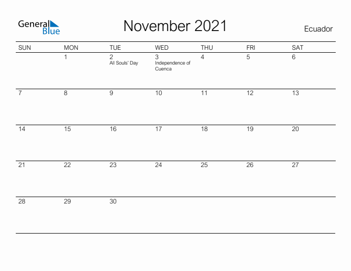 Printable November 2021 Calendar for Ecuador