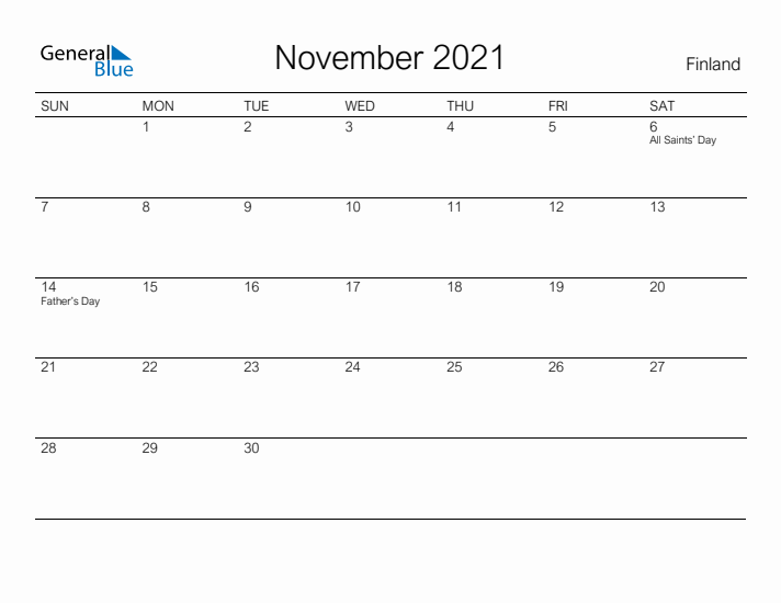Printable November 2021 Calendar for Finland
