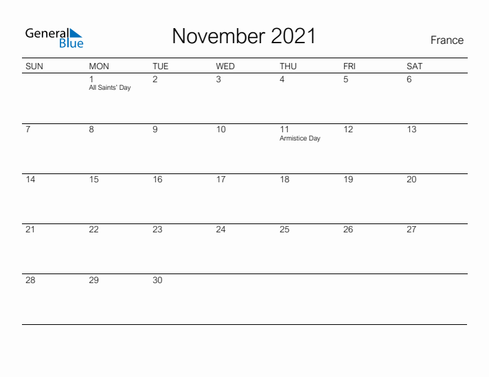Printable November 2021 Calendar for France