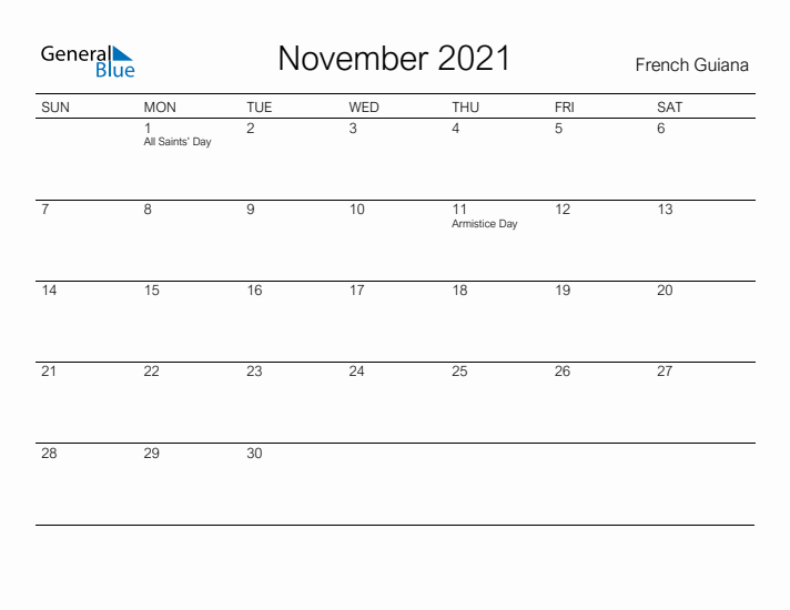 Printable November 2021 Calendar for French Guiana
