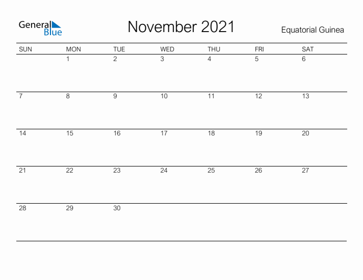 Printable November 2021 Calendar for Equatorial Guinea