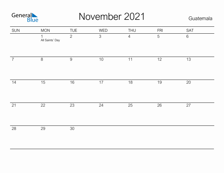 Printable November 2021 Calendar for Guatemala