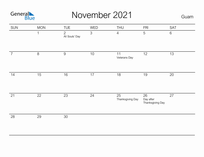 Printable November 2021 Calendar for Guam