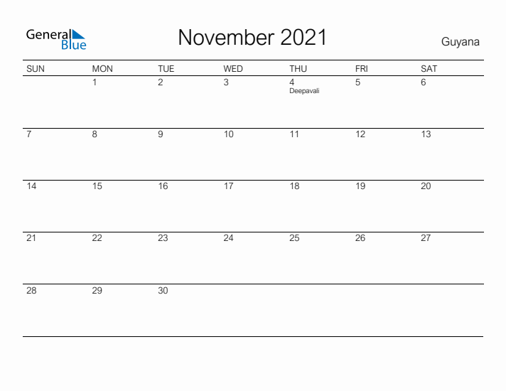 Printable November 2021 Calendar for Guyana
