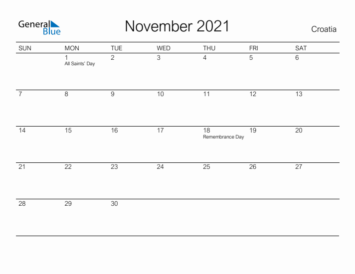 Printable November 2021 Calendar for Croatia