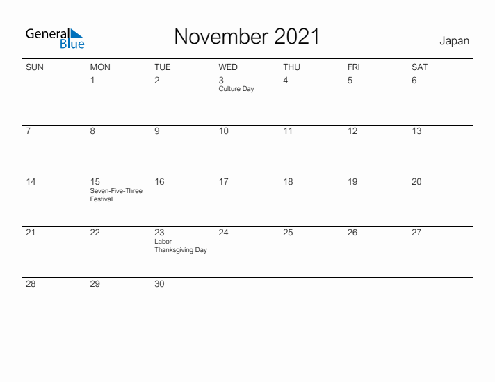 Printable November 2021 Calendar for Japan