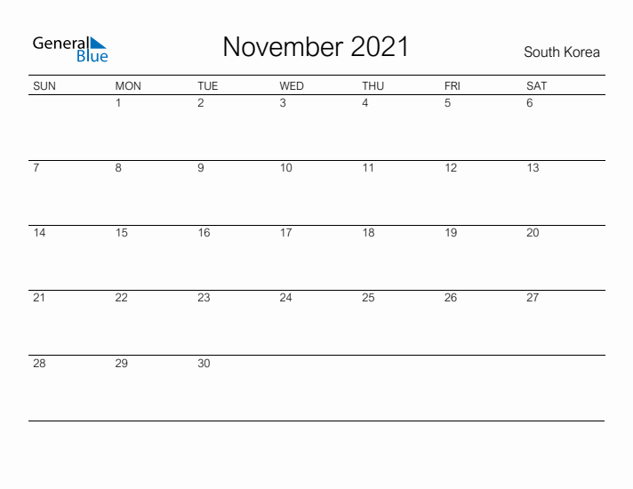 Printable November 2021 Calendar for South Korea