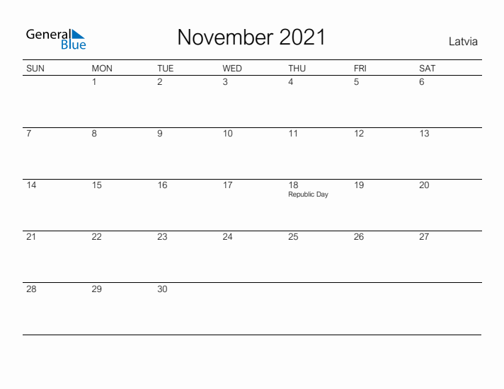 Printable November 2021 Calendar for Latvia