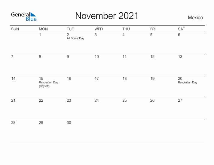 Printable November 2021 Calendar for Mexico