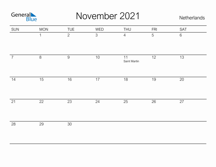 Printable November 2021 Calendar for The Netherlands