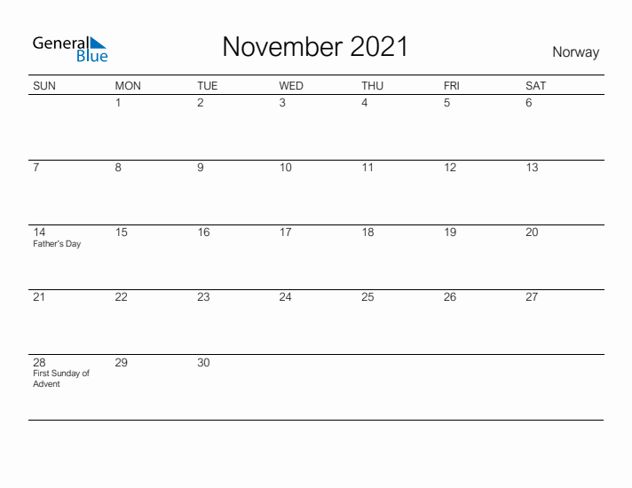 Printable November 2021 Calendar for Norway