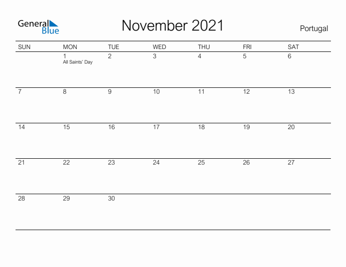 Printable November 2021 Calendar for Portugal