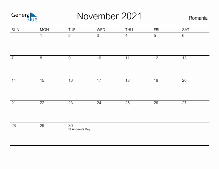 Printable November 2021 Calendar for Romania