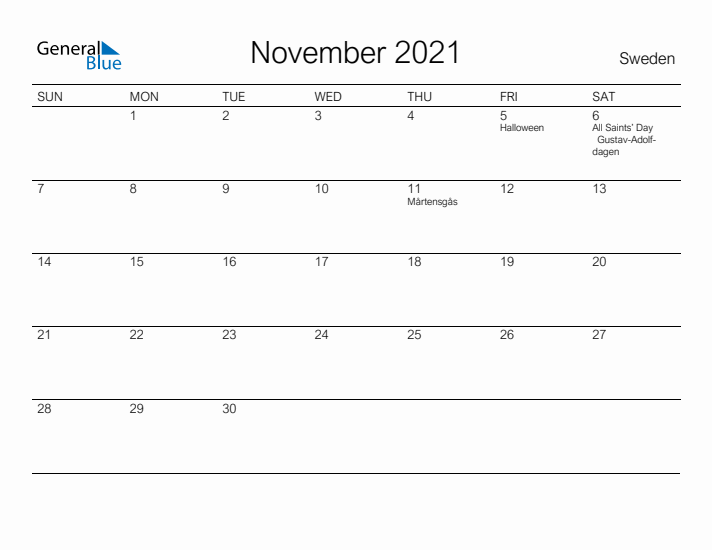 Printable November 2021 Calendar for Sweden