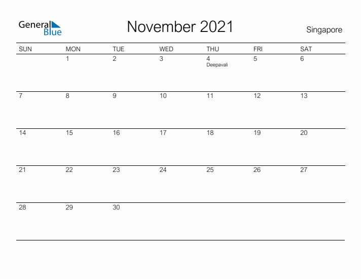 Printable November 2021 Calendar for Singapore