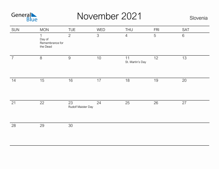 Printable November 2021 Calendar for Slovenia