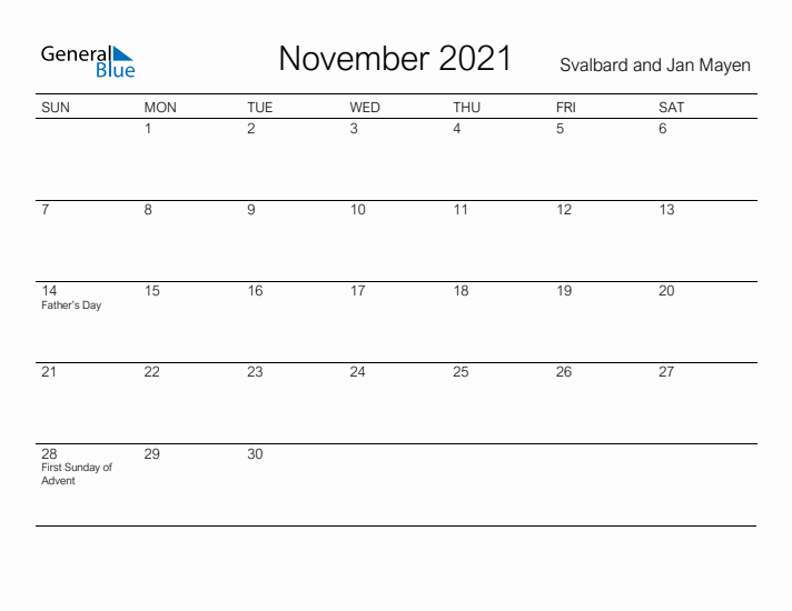 Printable November 2021 Calendar for Svalbard and Jan Mayen