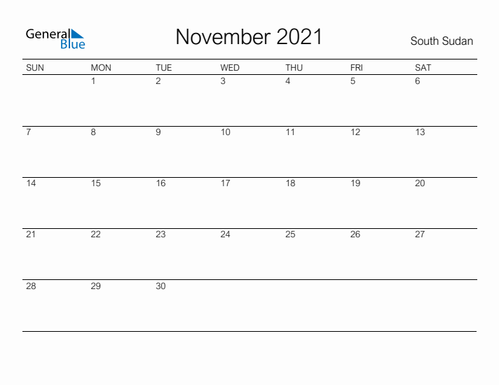 Printable November 2021 Calendar for South Sudan