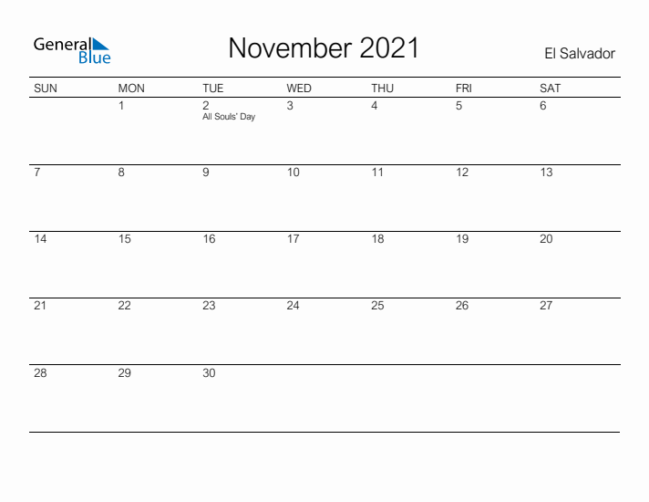Printable November 2021 Calendar for El Salvador