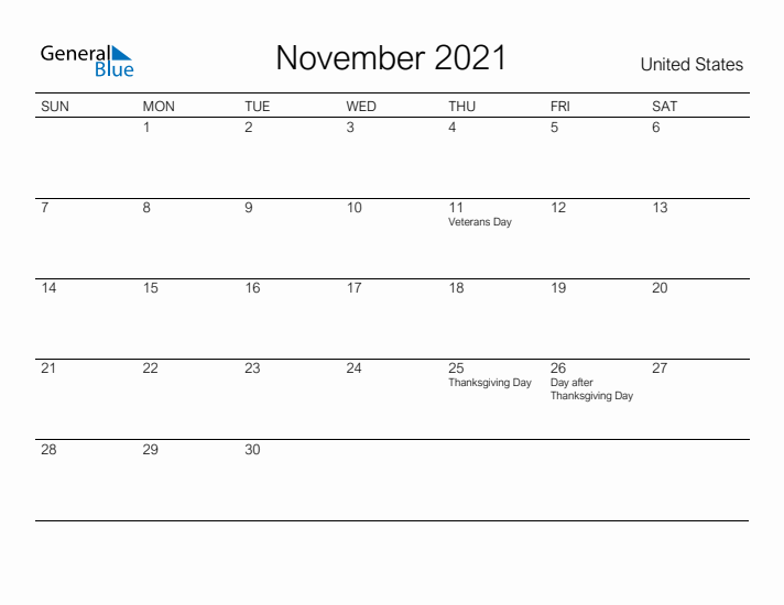 Printable November 2021 Calendar for United States