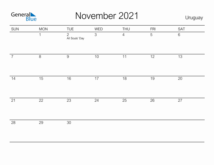 Printable November 2021 Calendar for Uruguay