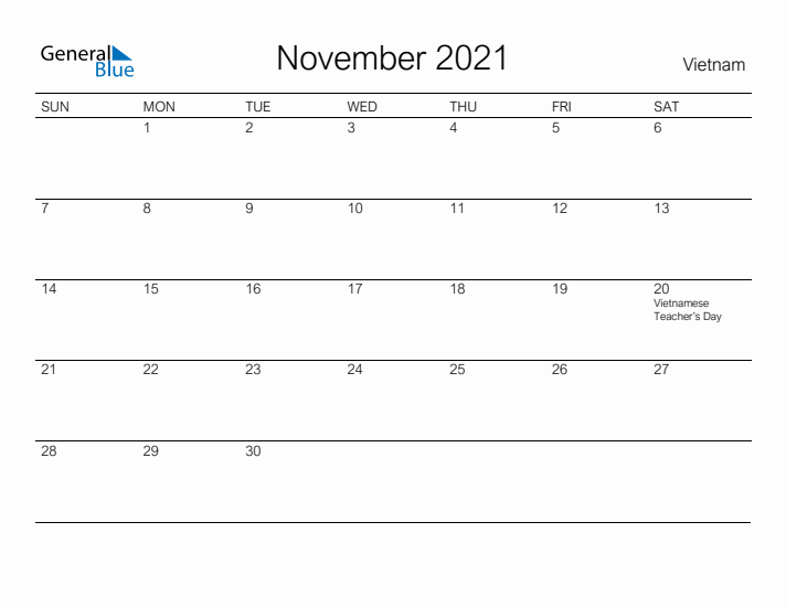 Printable November 2021 Calendar for Vietnam