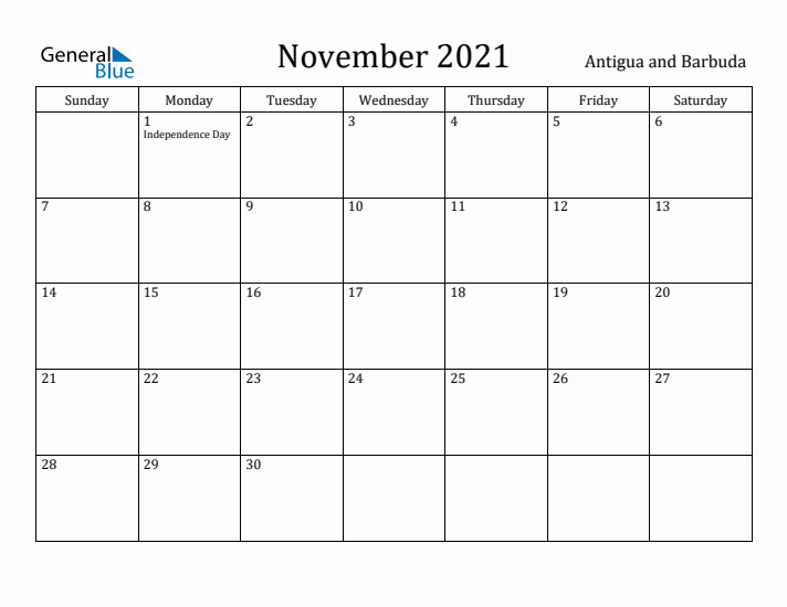 November 2021 Calendar Antigua and Barbuda