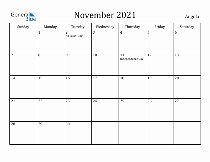 November 2021 Calendar Angola