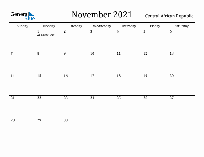 November 2021 Calendar Central African Republic