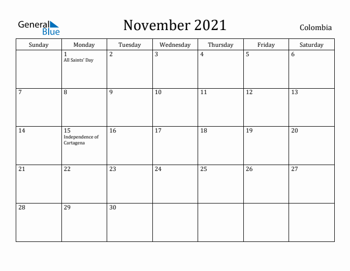 November 2021 Calendar Colombia