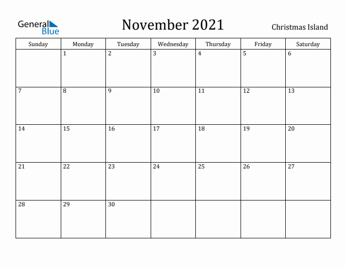 November 2021 Calendar Christmas Island