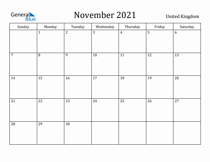 November 2021 Calendar United Kingdom