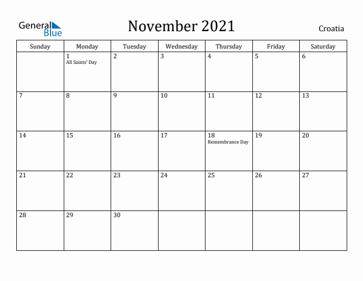 November 2021 Calendar Croatia