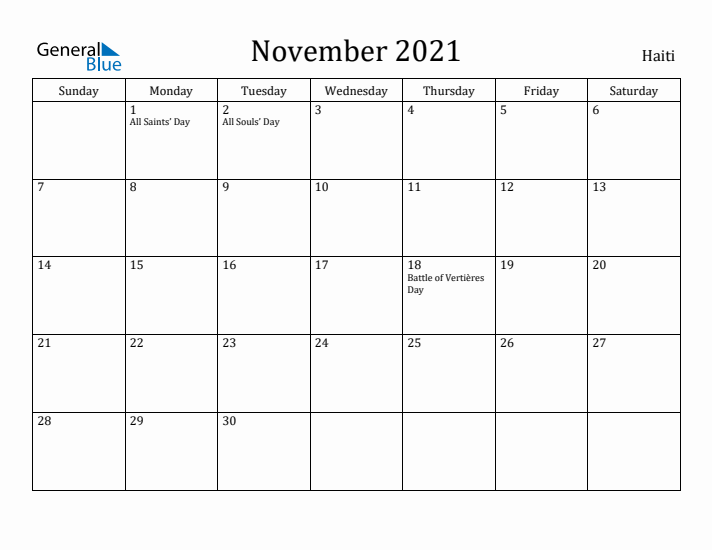 November 2021 Calendar Haiti