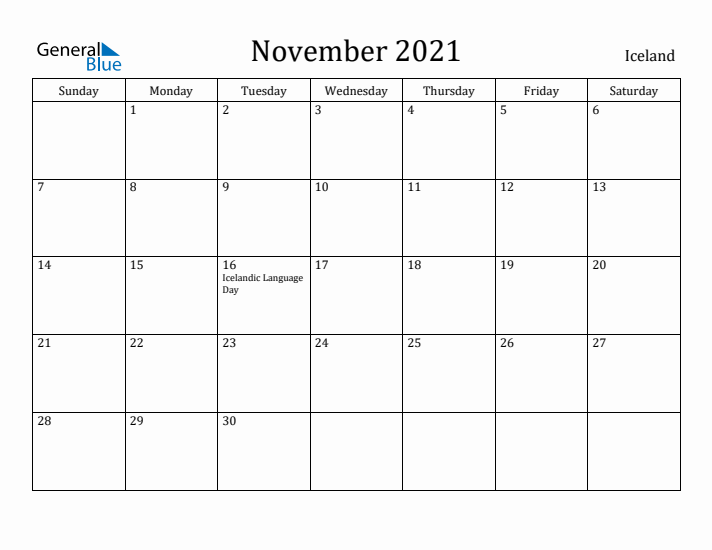 November 2021 Calendar Iceland