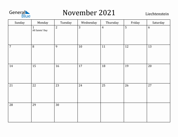 November 2021 Calendar Liechtenstein