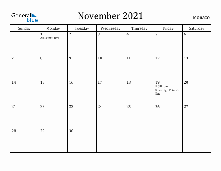 November 2021 Calendar Monaco