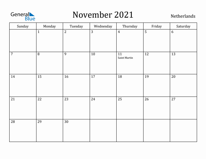 November 2021 Calendar The Netherlands