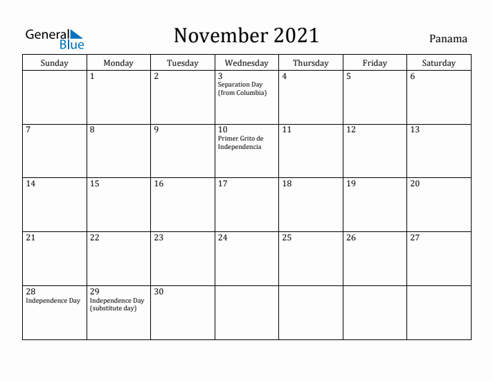 November 2021 Calendar Panama