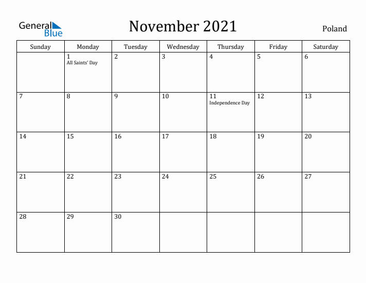 November 2021 Calendar Poland