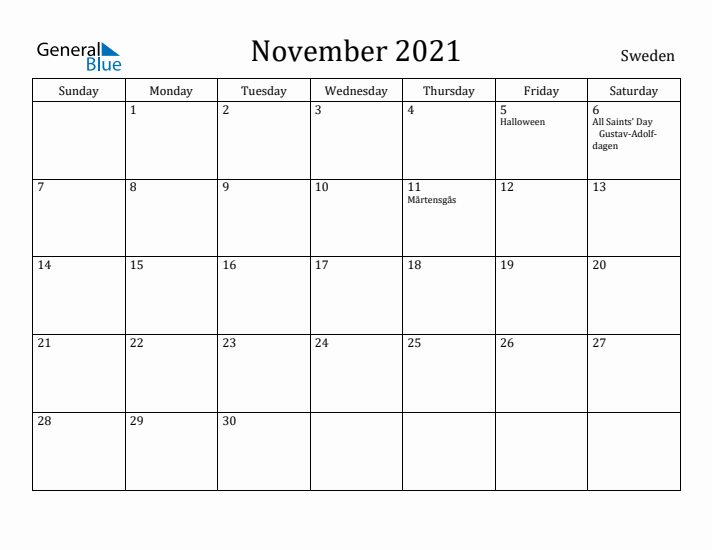 November 2021 Calendar Sweden