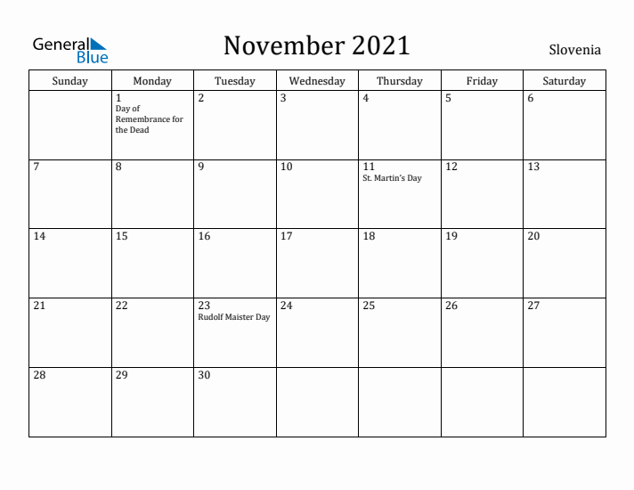 November 2021 Calendar Slovenia
