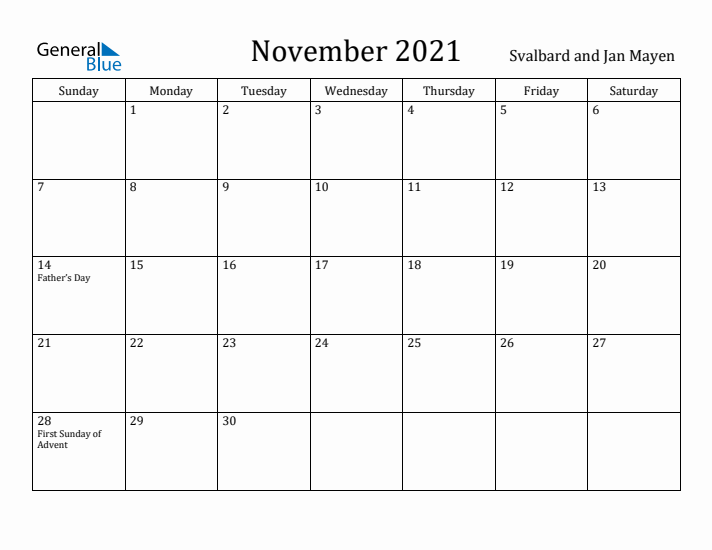 November 2021 Calendar Svalbard and Jan Mayen